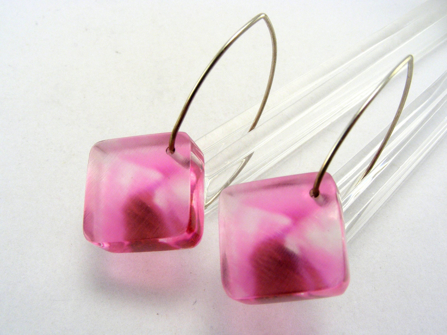 Acrylic Pink Earrings, Fuschia Tulip Design, Contemporary Abstract Diamond Shape Handmade Acrylic  Special Offer