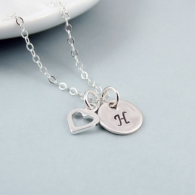Personalized Initial Necklace with Heart, Sterling Silver, Handstamped Jewelry, Monogram Necklace