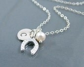 Horseshoe Necklace, Personalized Jewelry, Sterling Silver Initial Necklace, Custom Stamped Monogram, Wedding Jewelry, Good Luck