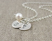 Two Initial Necklace, Sterling Silver Double  Stamped Initials, Freshwater Pearl - Best Friends Necklace, Mother's, Couples, Sisters