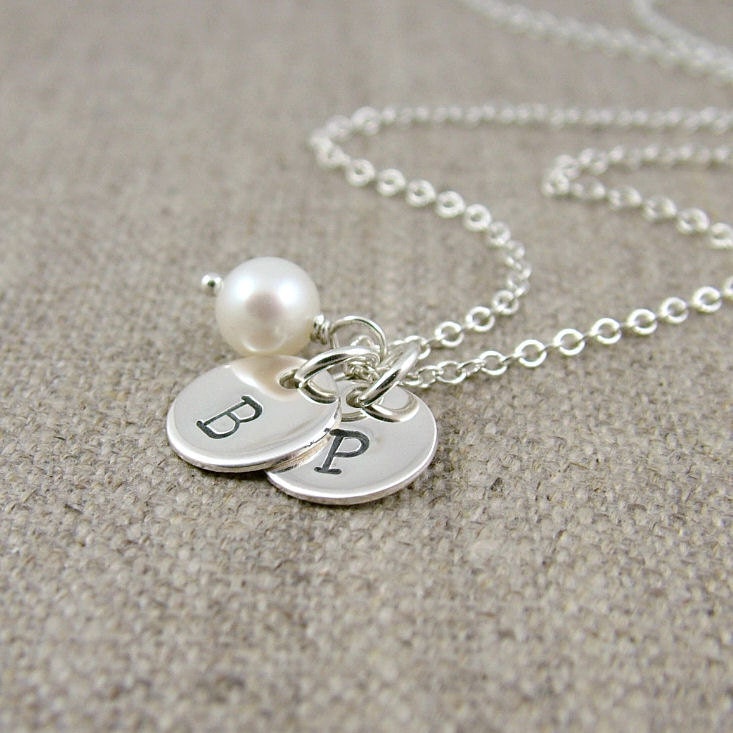 Two Initial Necklace, Sterling Silver Double  Stamped Initials, Freshwater Pearl - Best Friends Necklace, Mother's, Couples, Sisters