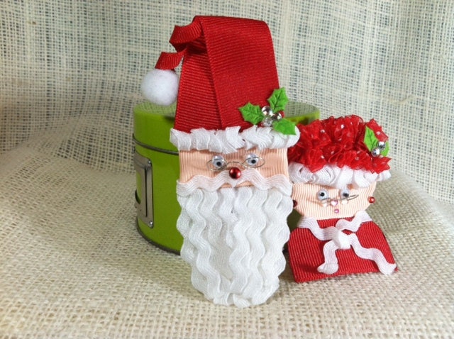 Santa Clause Christmas Hair Clips Set of 2 Mr and Mrs Clause Hair Bows Holiday Red White