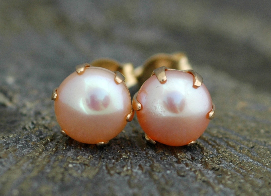 Peach  Pearl and 14k Yellow Gold Earrings