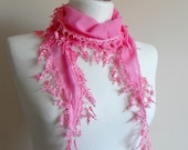Valentines Day Gift-Pink Scarf - Cotton Scarf - Cowl with Lace Edge - Flower Scarf - Bridesmaid Gift