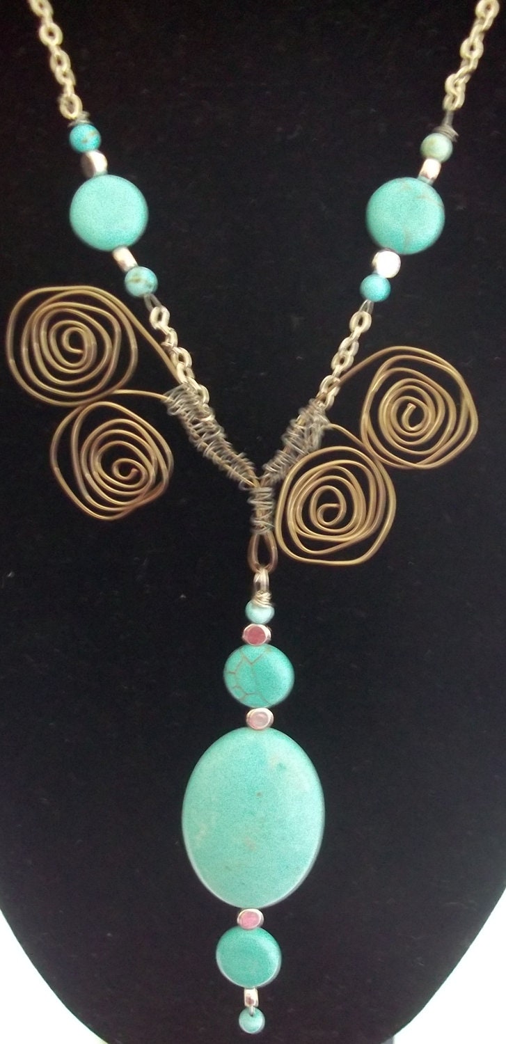 Turquoise and Wire Dangle Necklace and Earring Set