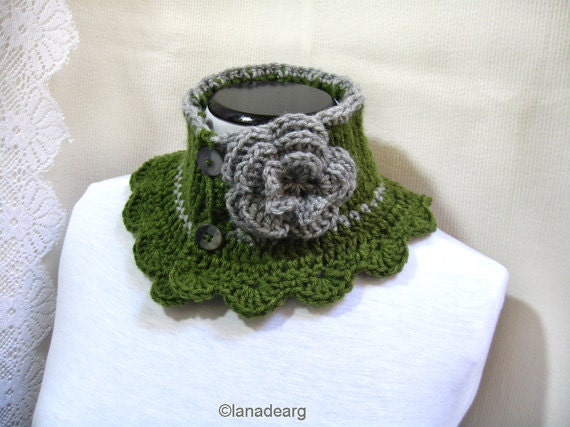 Knit Crochet Scarf Neck Warmer Collar green with flower Victorian Steam punk