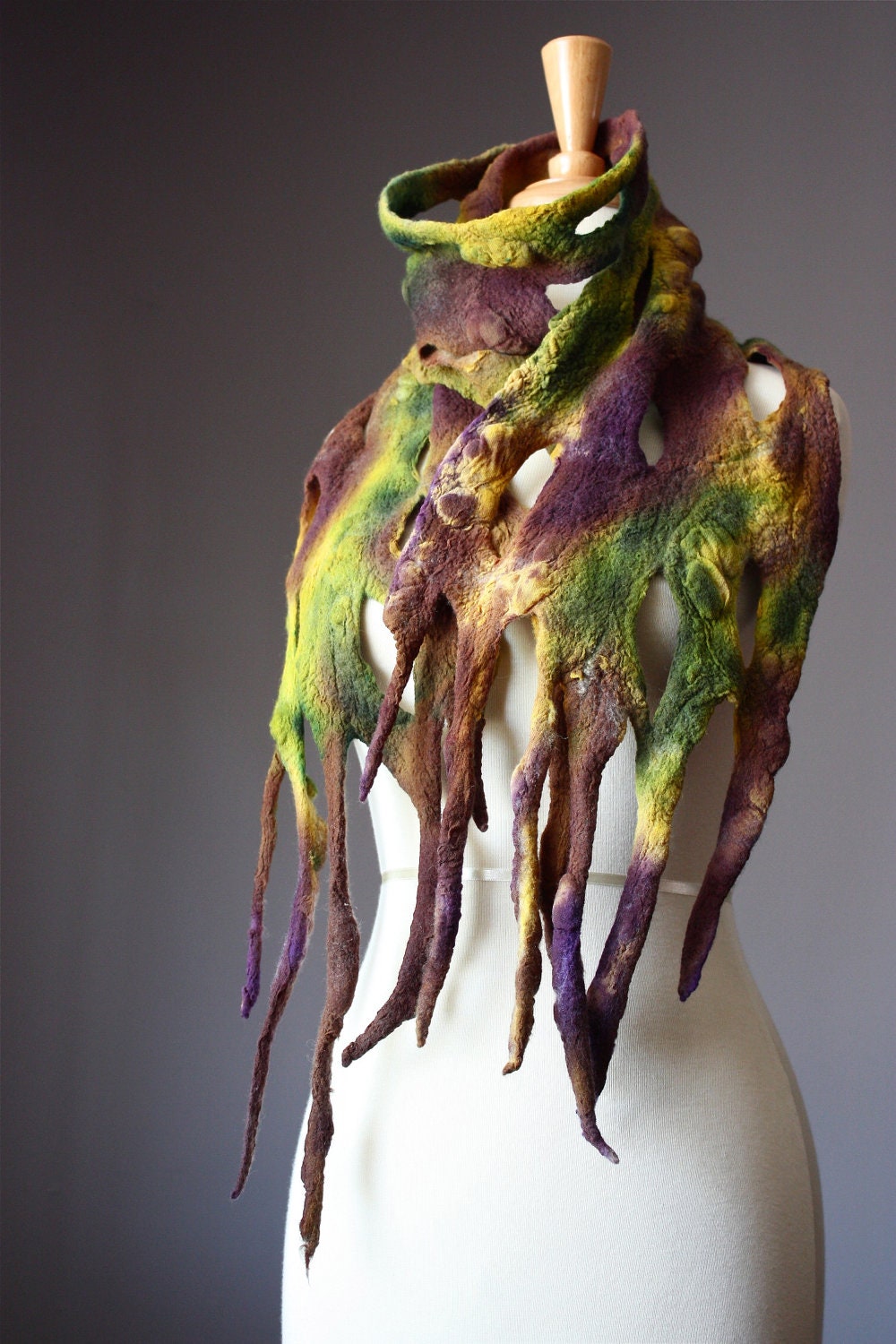 Predator Nuno Felted scarf Wool silk Yellow / Green purple / Brown hand dyed