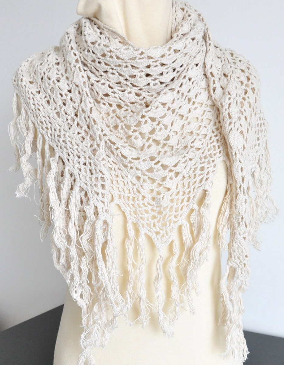 CLASSIC COTTON - Beige - Crochet Cotton Yarn Triangle Shawl/Wrap