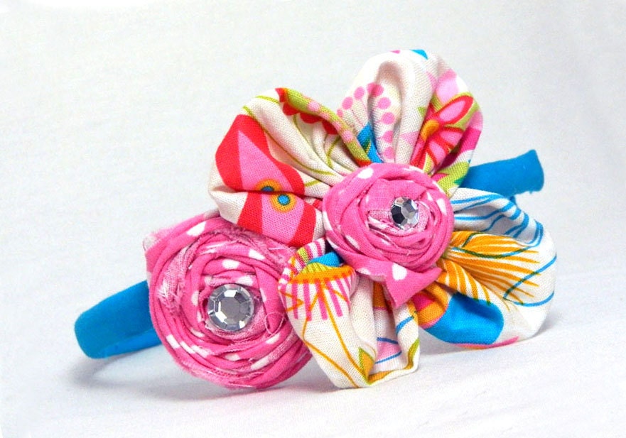 Fabric Headband Daisy Rosette Pink Turquoise Rhinestone Accent