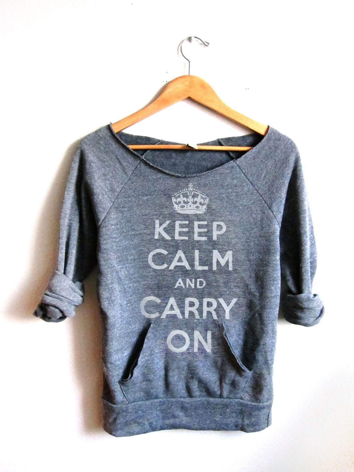 HAND STENCILED Deep Scoop Neck Heather Keep Calm and Carry On Sweatshirt in Ash Grey or Custom Pick Color - S M L XL