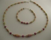 Colorful Jewelry Set, 2pcs - Tropical Pink Orange Green Paper Beaded Necklace & Bracelet w/Hand-Rolled Glossy Beads, Tropical Glass Pearls