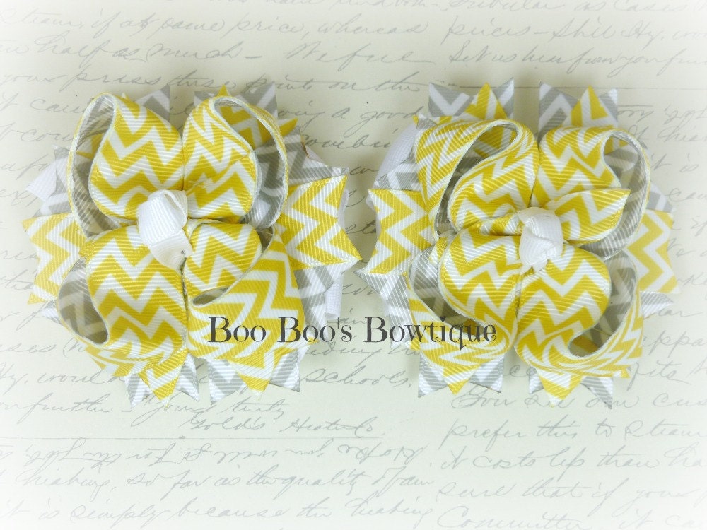 Yellow Grey and White Chevron Striped Girls Hair Bow Pair READY TO SHIP