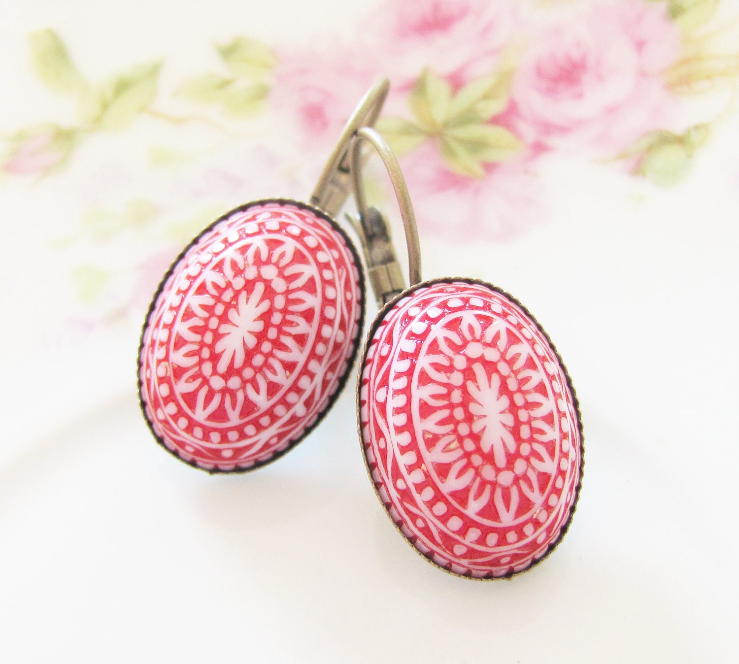 Red Mosaic Earrings -Vintage Cherry Red and White Mosaic Bohemian Antique Brass Earring Drop Dangles
