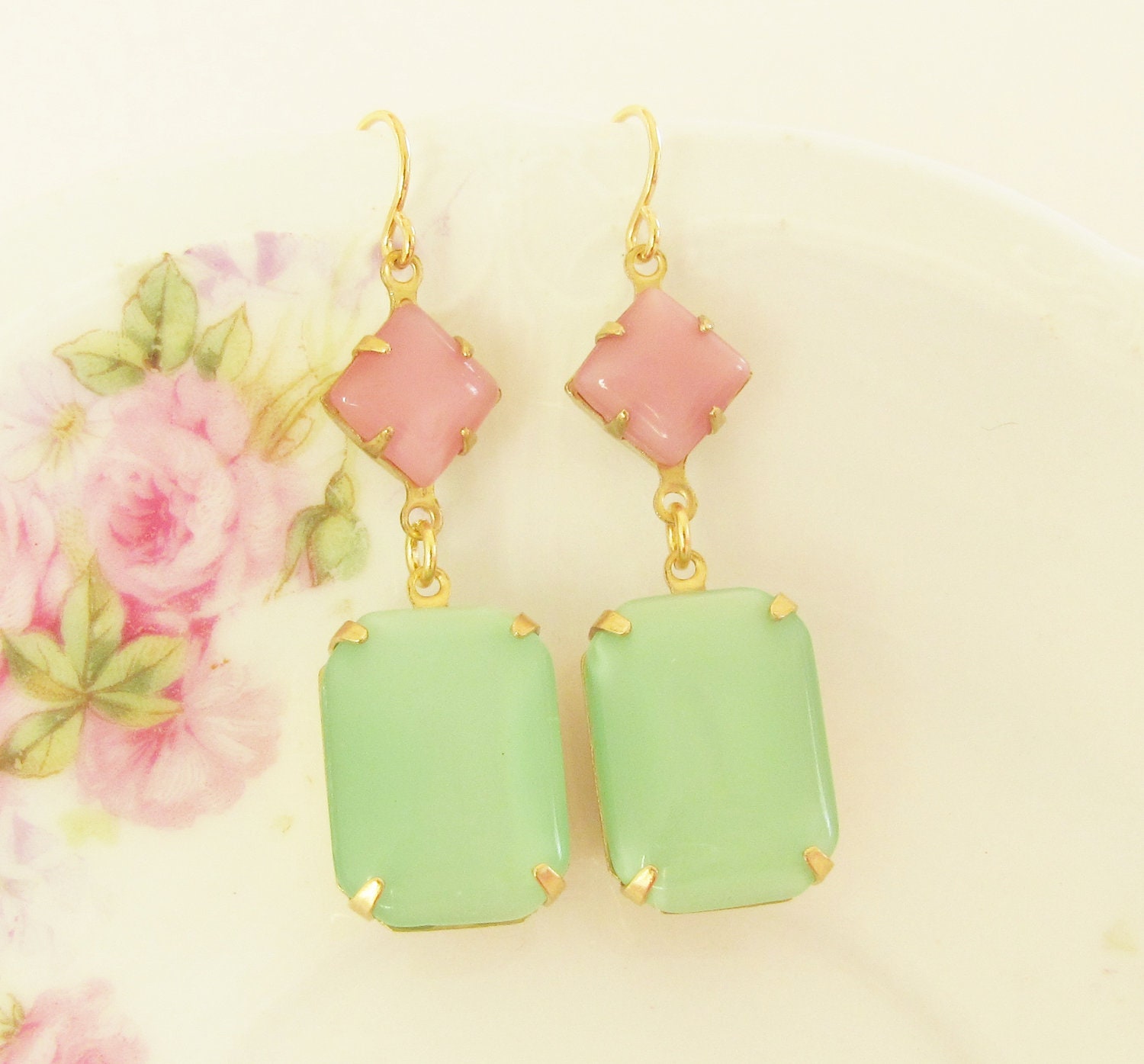 Pink and Green Dangle Earrings - Vintage Mint Green and Pink Moonstone Glass Jewel Dangle Earrings - Colorblock, Wedding, Bridal, Bridesmaid