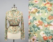 Vintage Kitten Bow Tie Blouse Secretary Top Spring Floral 70s Shirt (M)