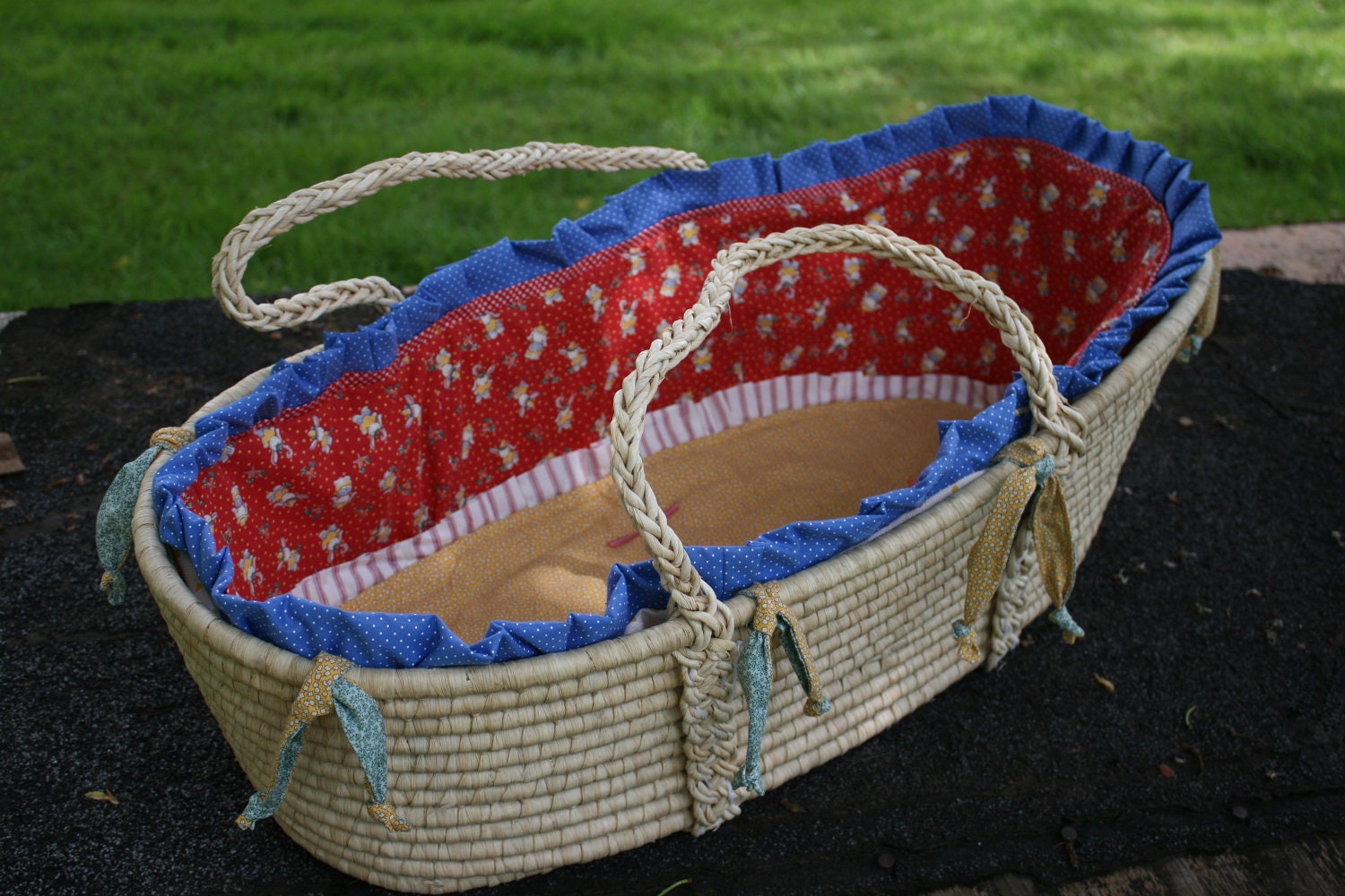 baby moses basket or bedding - red/blue/yellow bunnies, multicolored, reversible mattress