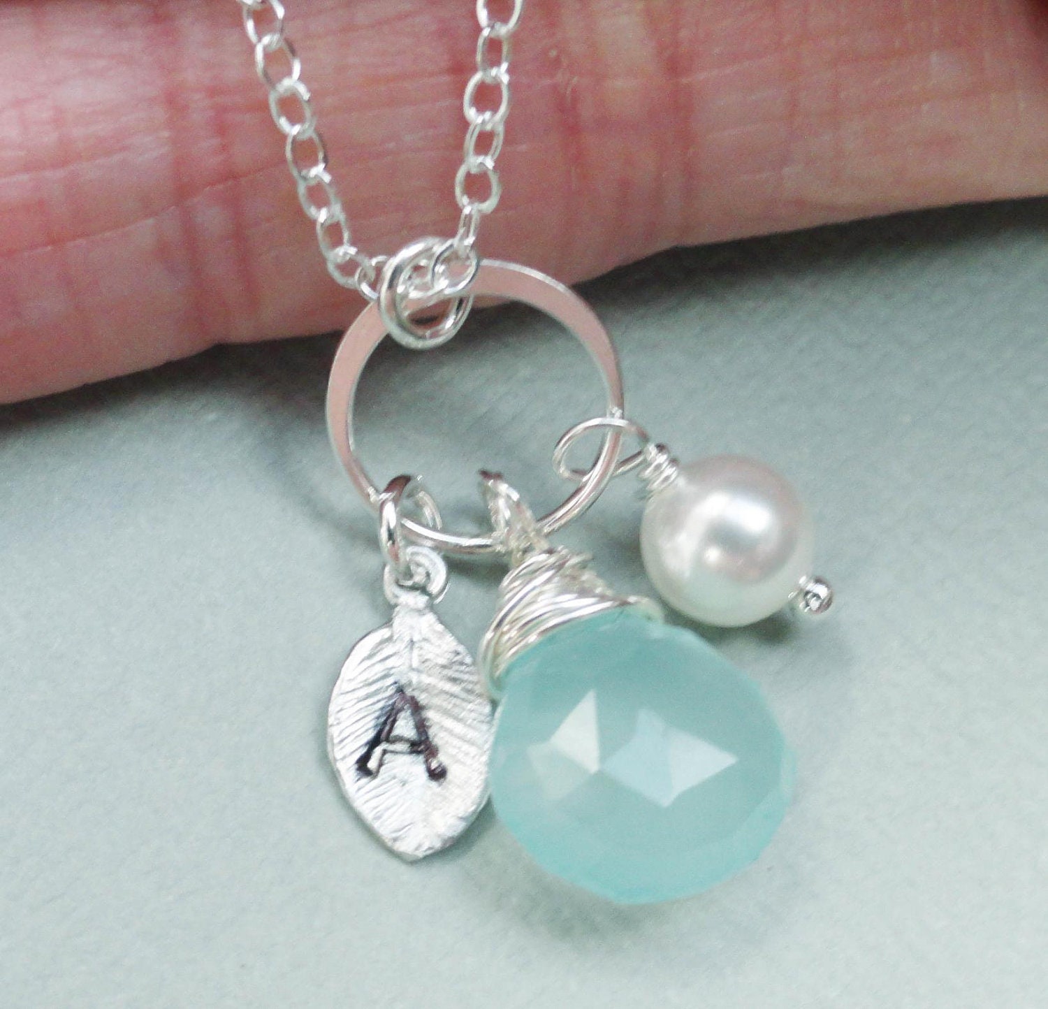 Personalized Necklace With Aqua Blue Chalcedony Sterling Silver Bridal Party, Wedding, Monogram Necklace