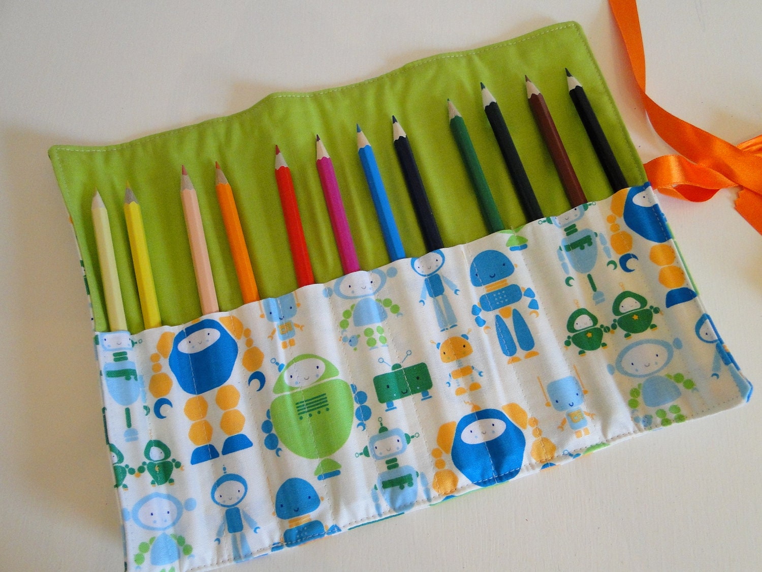 Fabric pencil roll - I Heart Cute Bots Blue - Rashida Coleman Hale