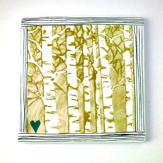 Birch Trees Wall Decor Ceramic Tile Woodland Forest Woods Painted Sage Green Black White Heart