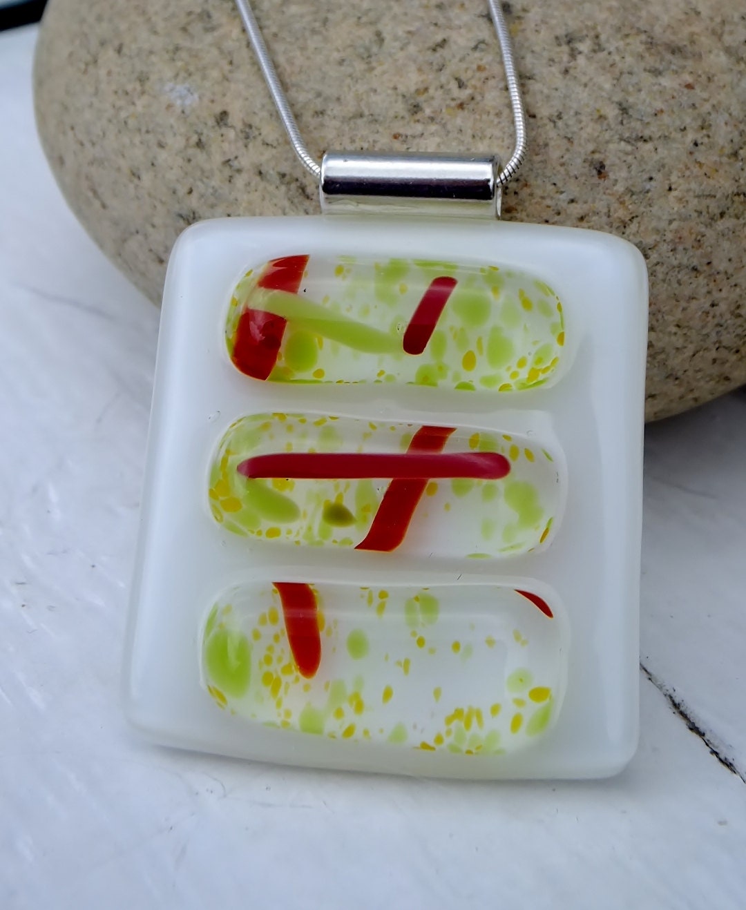 Abstract necklace unique fused glass art to wear with Sterling silver chain