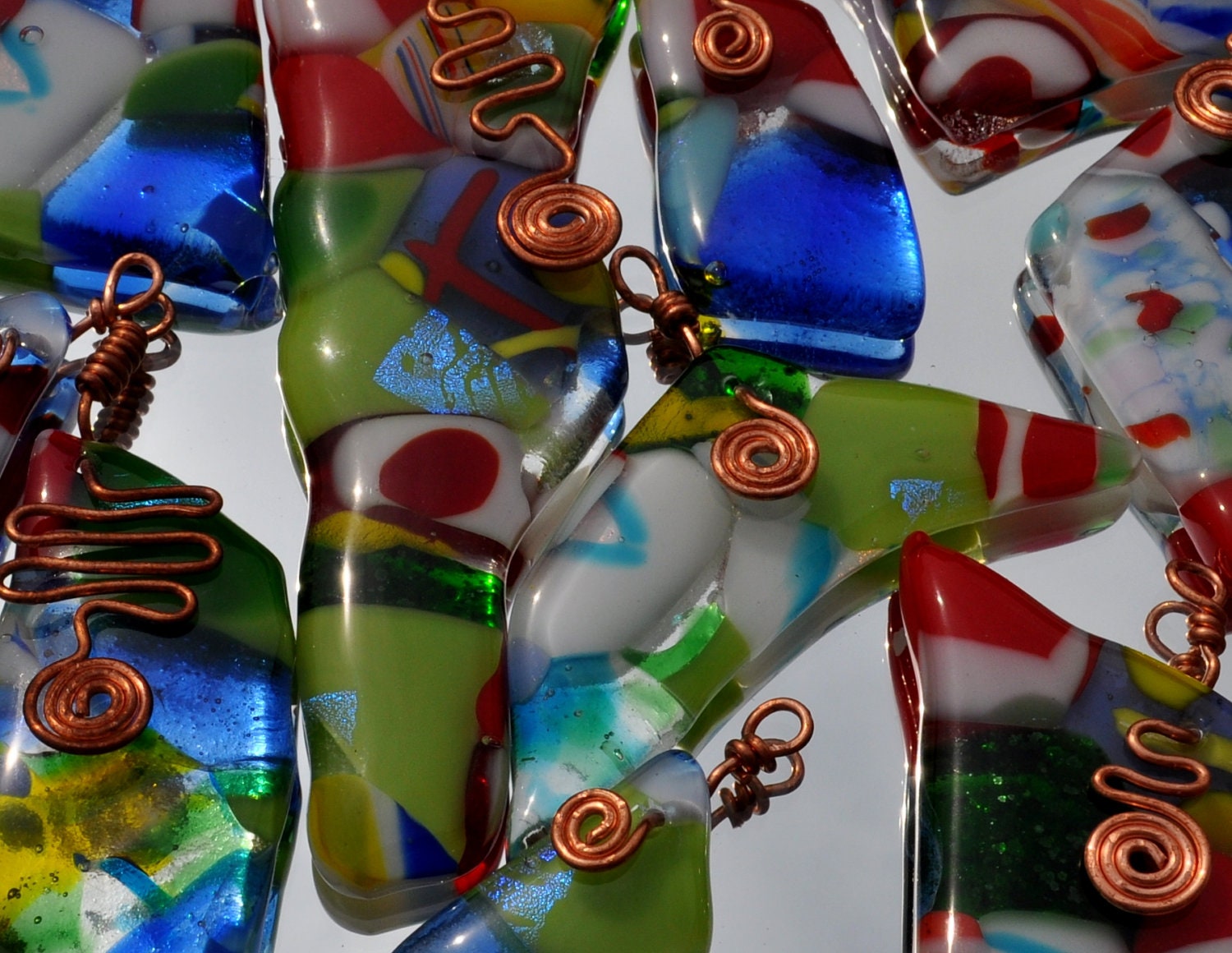 Garden decorations ornaments fused glass abstract design. Set of ten