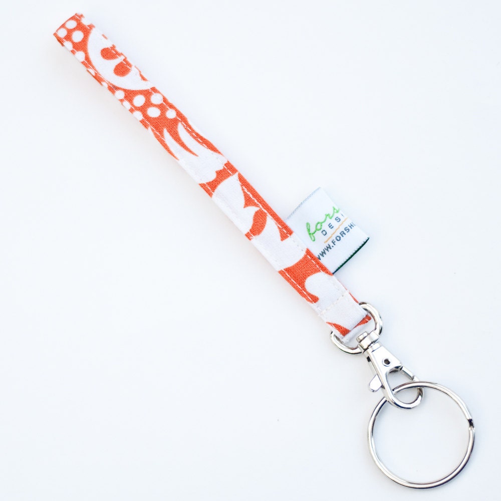 Fabric Key Fob Wristlet -- Orange and Ivory Floral Damask -- Ready To Ship