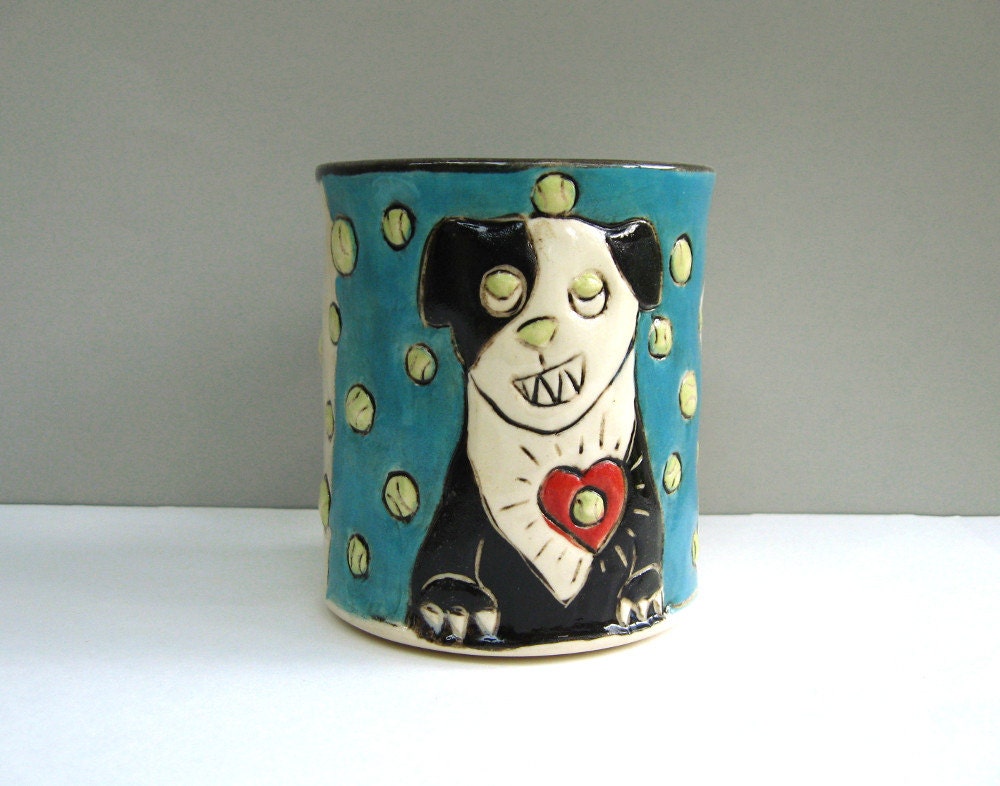 Dog Mug, Black And White Dog Loves Ball, Blue And Colorful, Coffee Cup