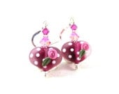 Bright Pink Heart Earrings, Valentine's Day Earrings, Polka Dot Beadwork Earrings, Fuchsia Hot Pink Lampwork Earrings - Cutie Pie