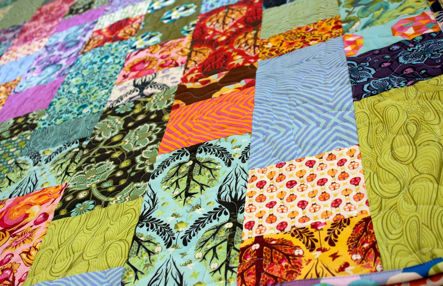 colorful girls quilt in birds and the bees fabric // wall hanging or couch throw