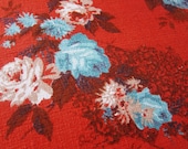 50s barkcloth panel / floral / tomato red / roses / ironwork