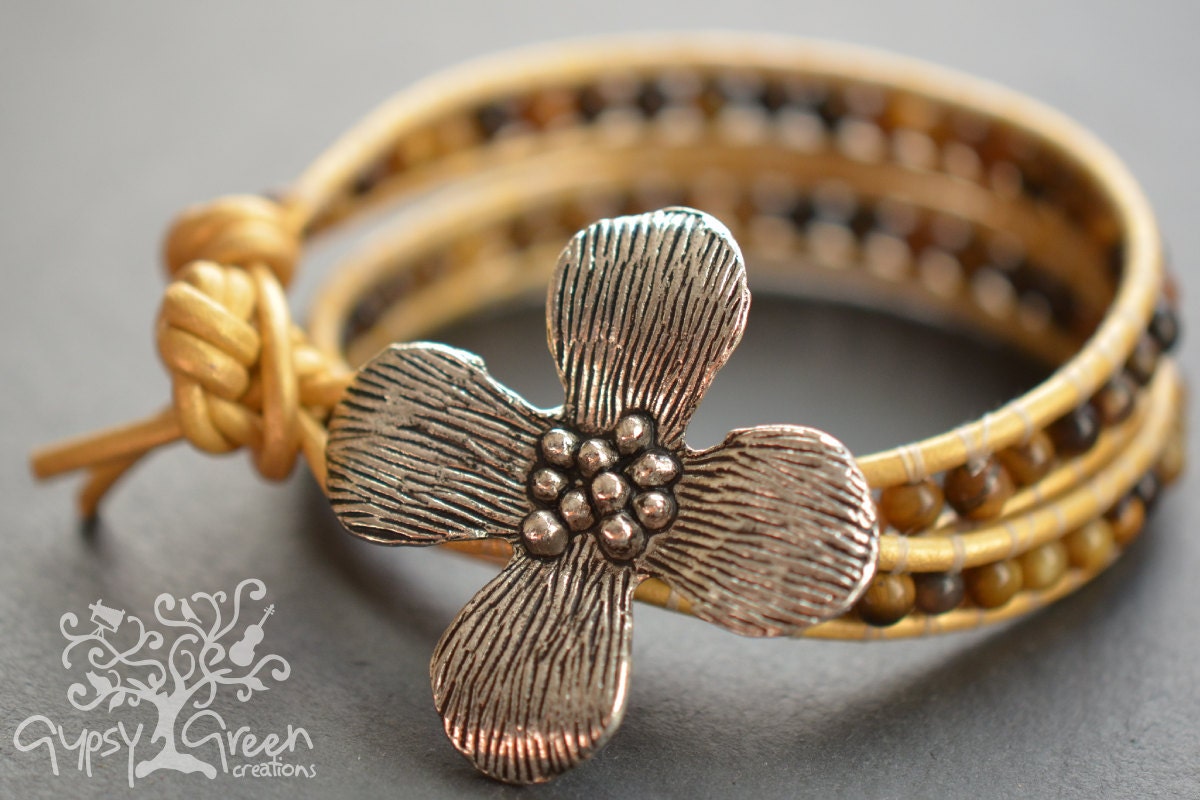 Dogwood Flower Beaded Yellow Tigers Eye Stone Leather Wrap Bracelet (MTO)