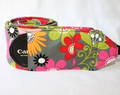 Monogramming Included Extra Long Wide Camera Strap for DSL camera Grey, Lime and Hot Pink with  lens cap pocket
