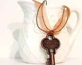 Secret Skeleton Key Necklace on Ribbon Engraved Copper Key Jewelry Earth Tones on Brown Necklace