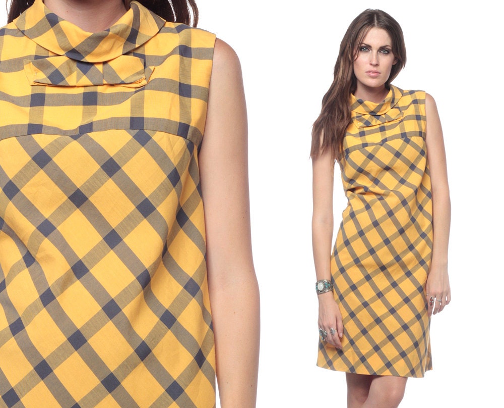 Mod Checkered Dress 60s Mini BOW Plaid Cotton 1960s Shift Yellow Vintage Sleeveless Turtleneck Sixties Retro Grey Day Dress Large