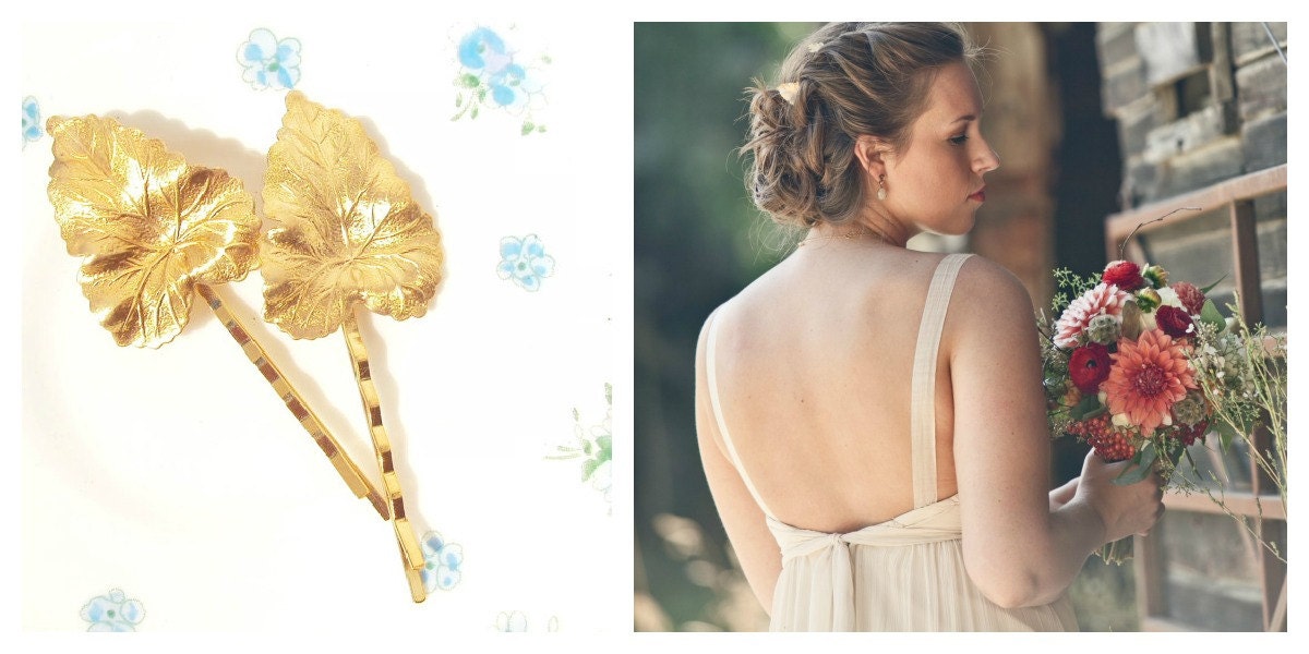 Gold Leaf Hair Pin Set - Bobby Pins - Woodland Collection - Whimsical - Nature - Bridal