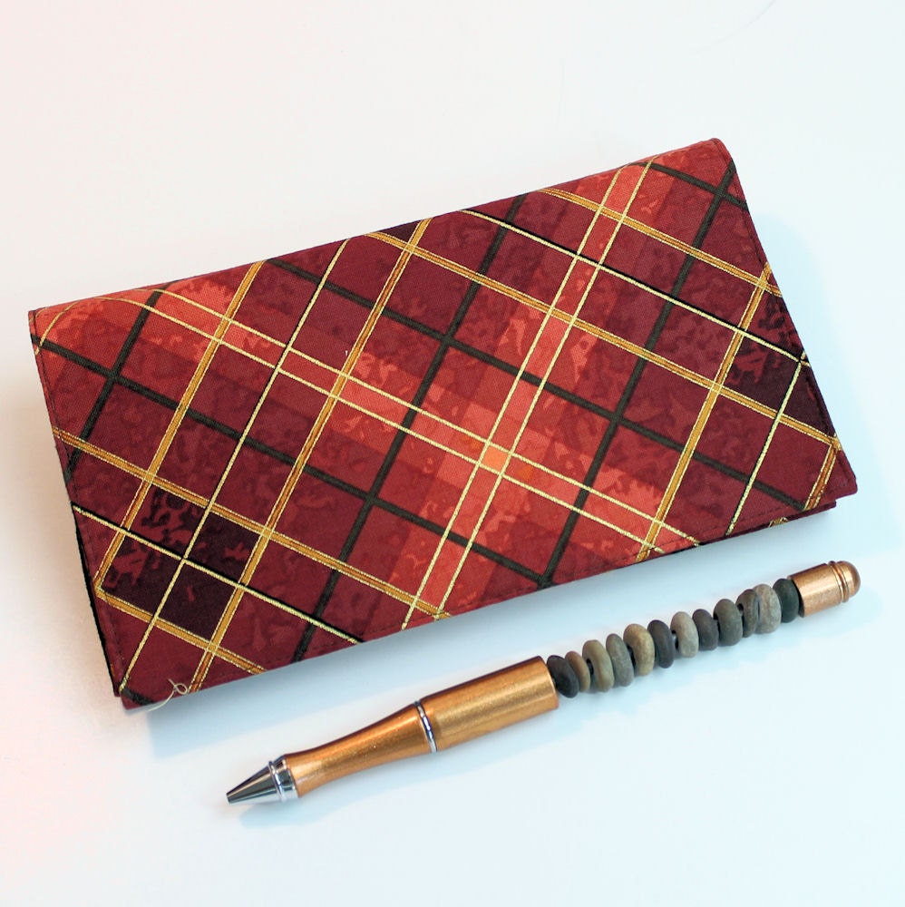 Checkbook Cover for Duplicates with Pen Holder Rust and Brown Plaid