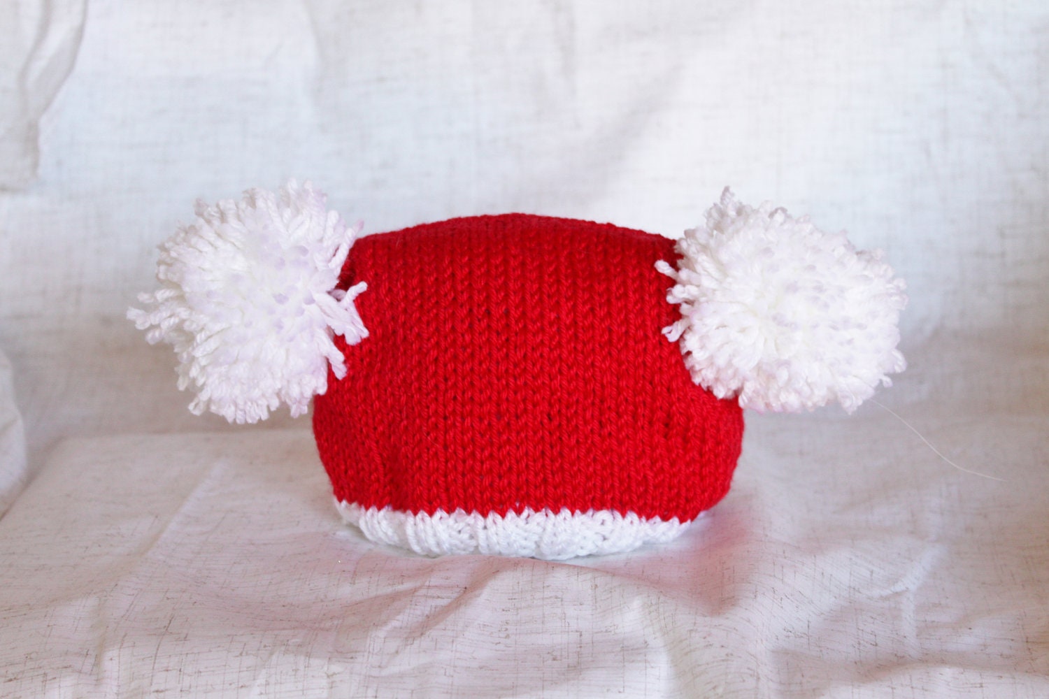 Infant Hat -Pom Pom - Red and White - Ready to Ship