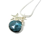 Beach Bridal Necklace Sterling Silver Starfish and Dark Blue Quartz AAA Grade Nautical Ultra Luxe Bridesmaid Necklaces