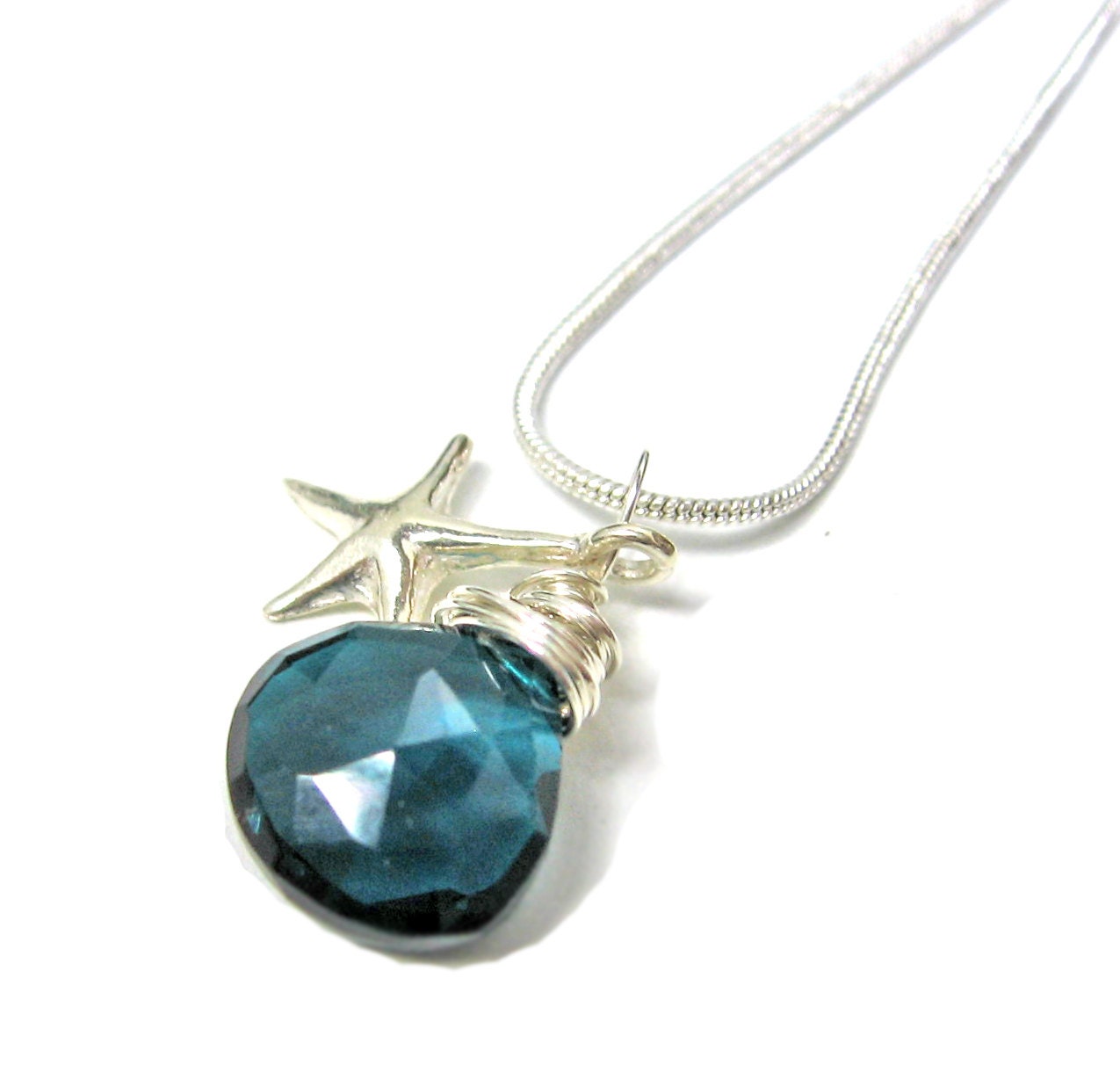 Beach Bridal Necklace Sterling Silver Starfish and Dark Blue Quartz AAA Grade Nautical Ultra Luxe Bridesmaid Necklaces