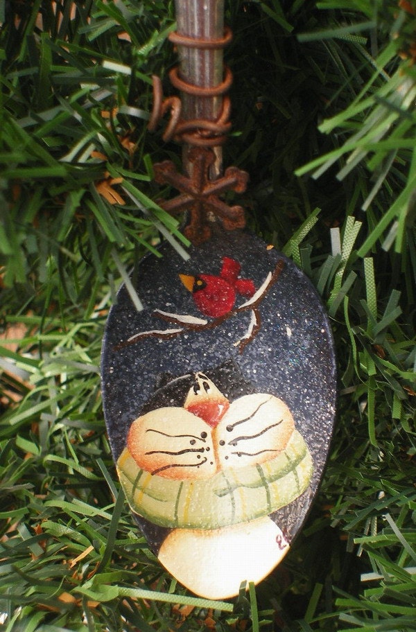 Cat and Cardinal Hand Painted Satainless Tablespoon Ornament with Rusty Snowflake