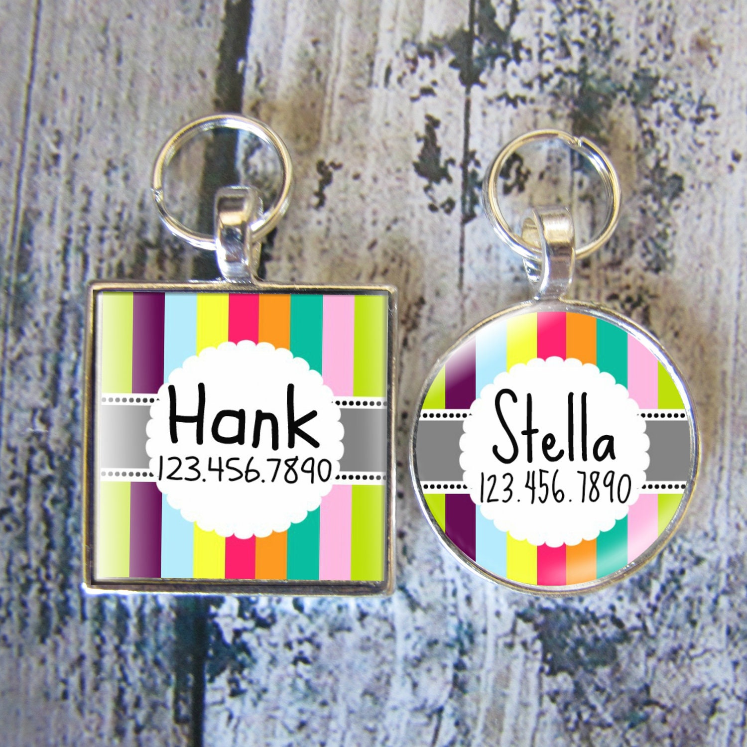 Retro Carnival Stripes Silver Custom Pet ID Tag