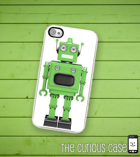 iPhone Case Green Retro Tin Robot Toy Hard Case For iPhone 4 and iPhone 4S Retro Sci Fi Kitschy  Rubber Trim