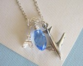 Fly Me to Paris Pendant Necklace, Airplane, Eiffel Tower, Sky Blue Swarovski Crystal