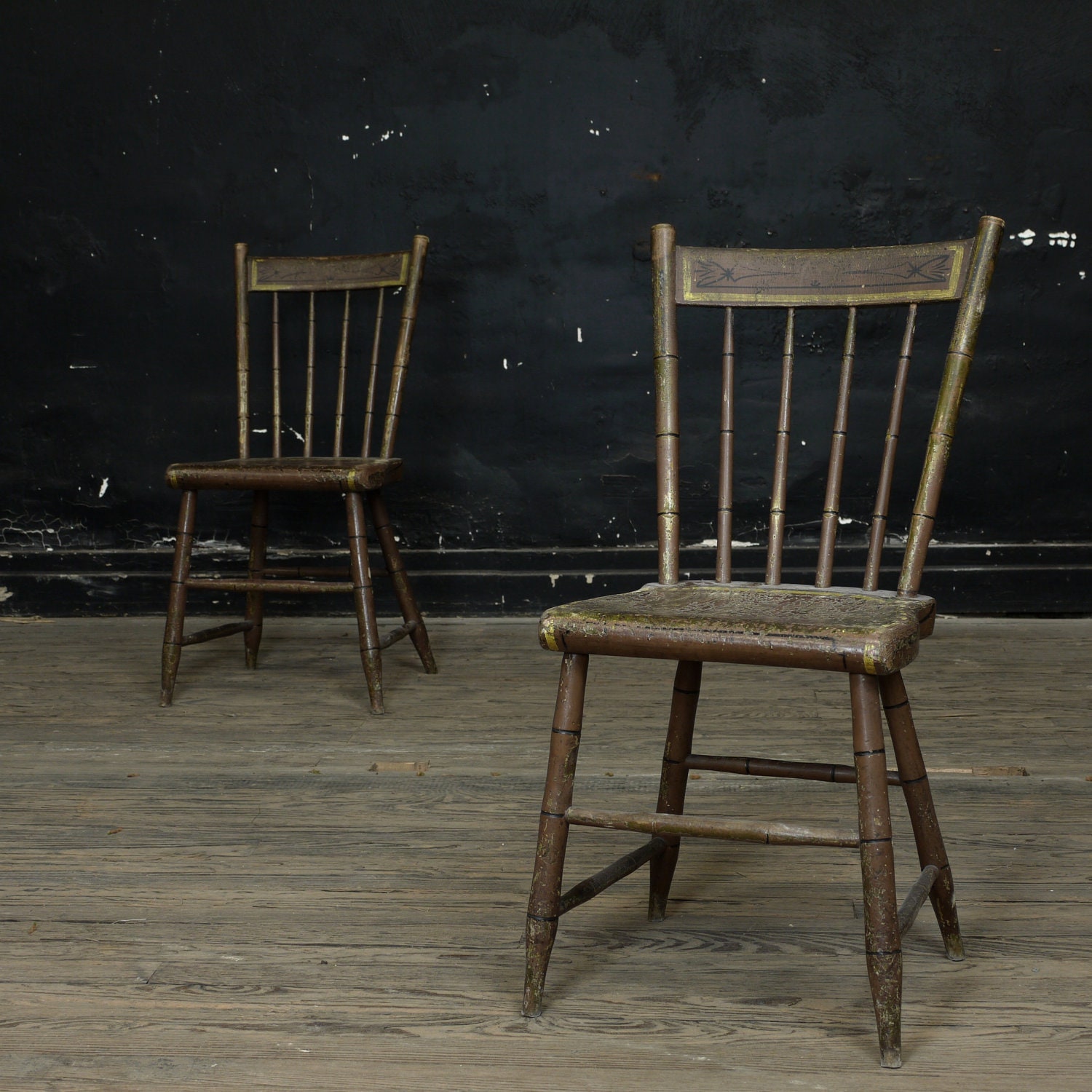Plank Seat Chairs, 19th Century Paint Decorated Set of Two