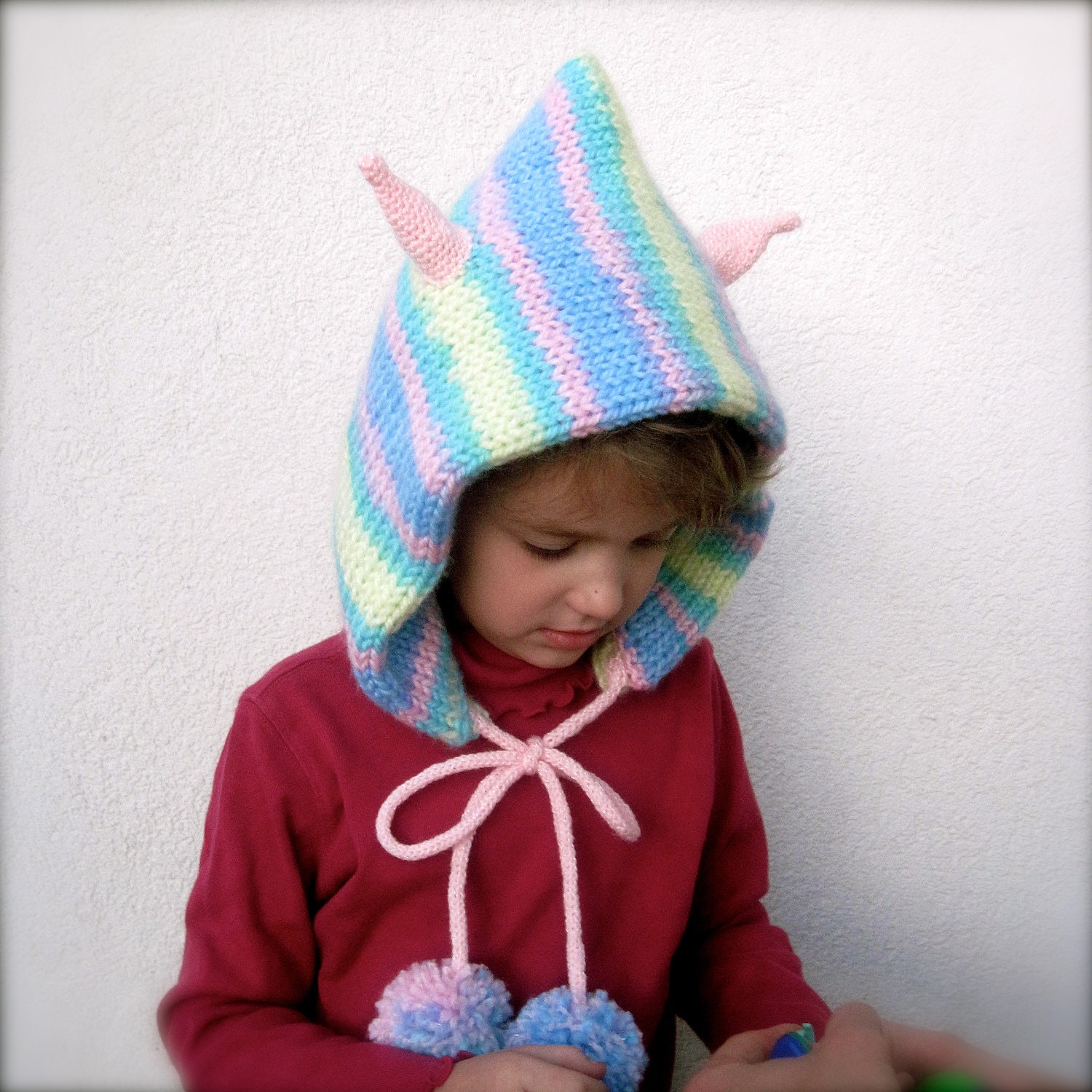 child's knit pixie hood with pink horns