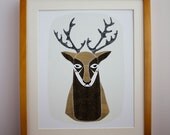 Deer Art Print, Reindeer Illustration, Christmas Reindeer Art, Cross Reindeer Portrait, Woodland, Antlers, Christmas Wall Decor