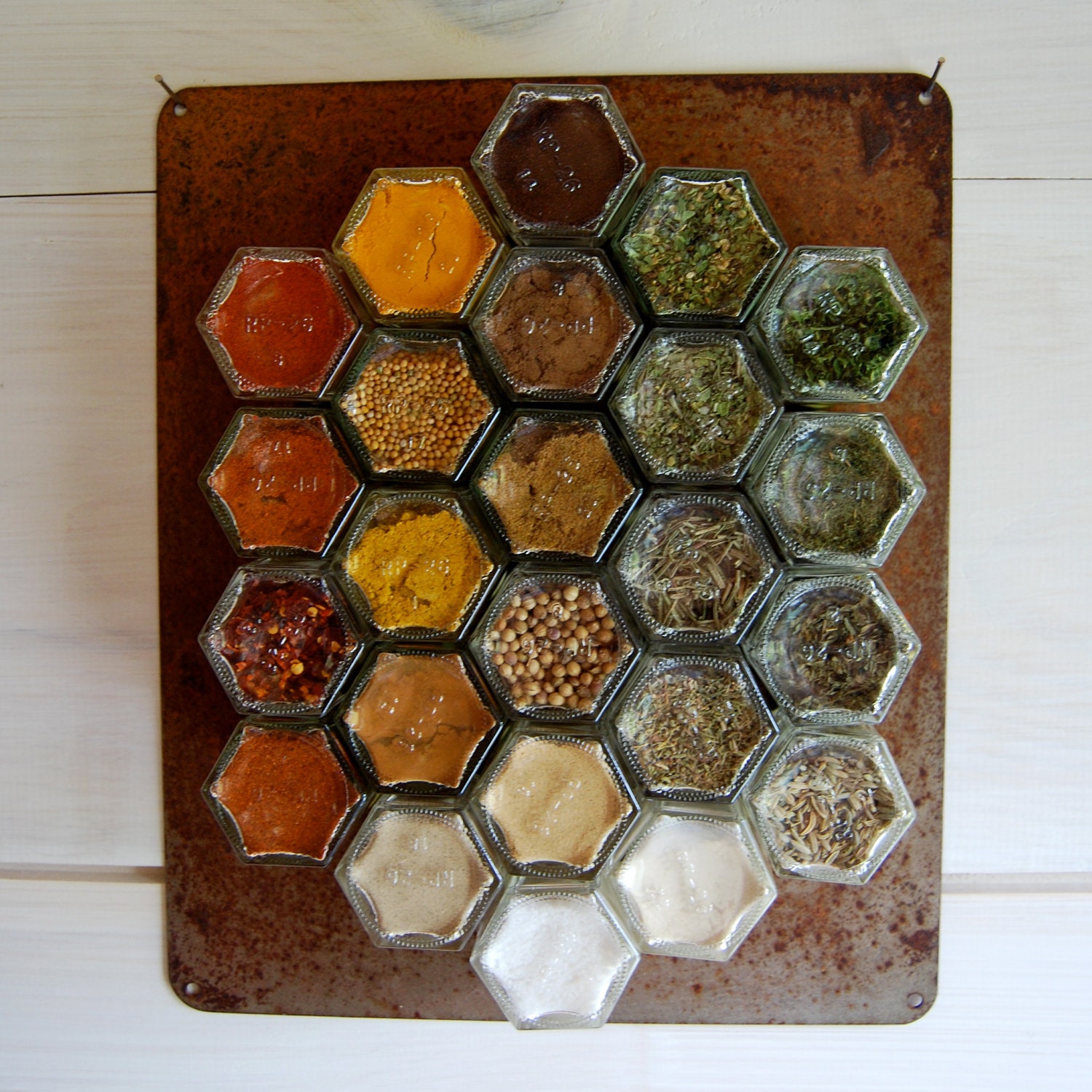 RUSTIC Custom Magnetic Spice Rack. Set of 24 EMPTY hand-stamped jars with rusted metal wall plate. Complete Your Rustic Kitchen Decor.