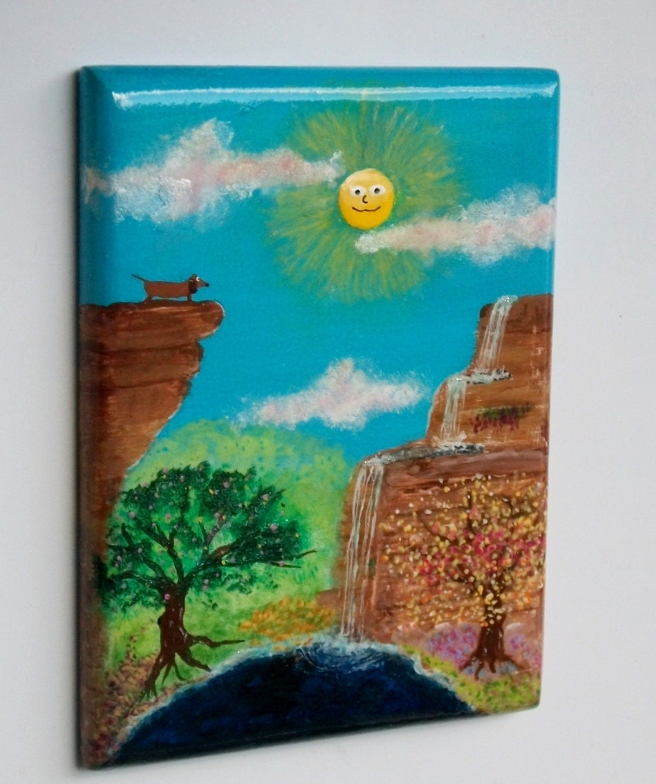 Fridge Magnet -  Dachshund Nature Waterfall Landscape Original Painting