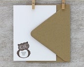 Hoot Owl Cute Letterpress Note Card Set - Mocha Dark Brown - Summer, Autumn, 10 pack (NHL01)