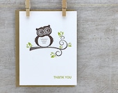 Owl Thank You Letterpress Greeting Card Set - Hoot Owl, Tree Branch, Wood Grain, Chartreuse Green 3 pack (GTY02)